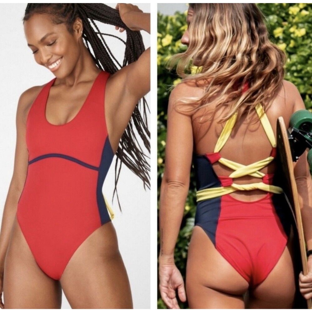 Fabletics Women's Red Navy Yellow Colorblock Halter One Piece Swimsuit Tie Back